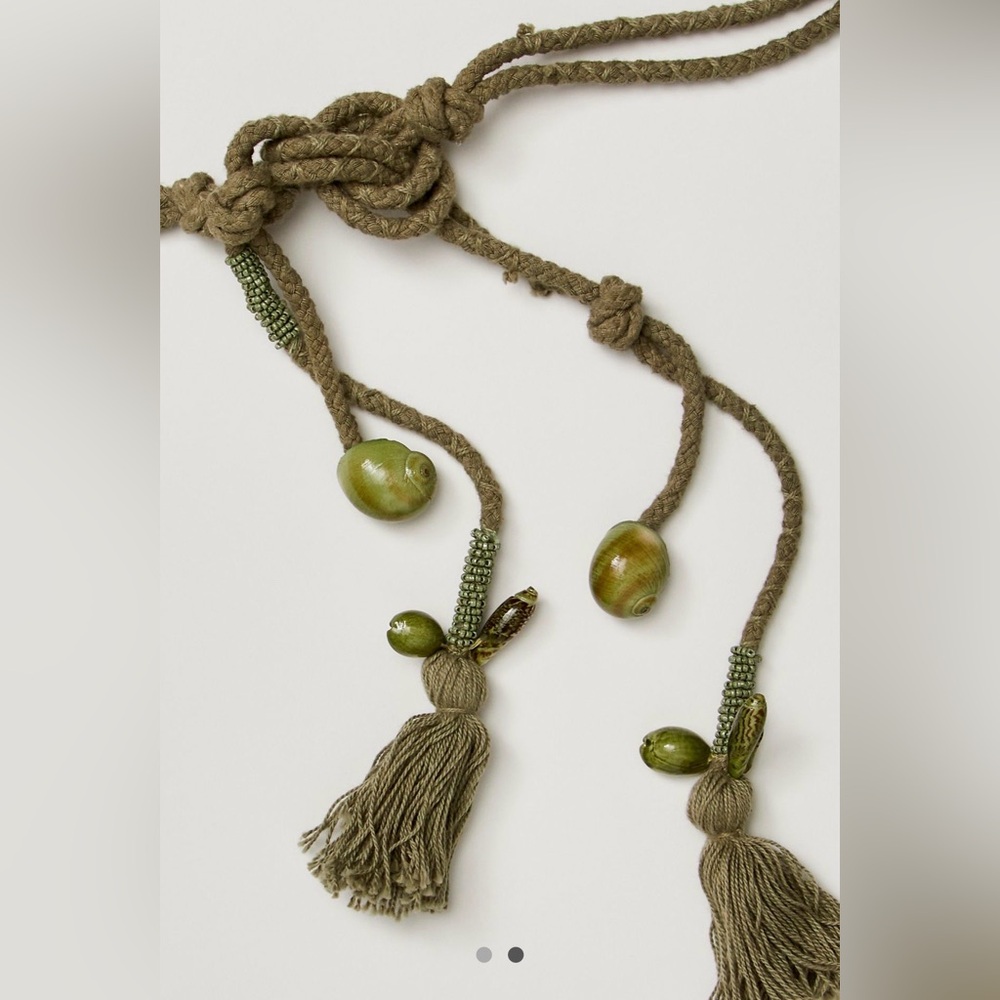 Free People Olive Green Rope Tassel Belt Beaded Boho Adjustable Tie Waist - Picture 2 of 3